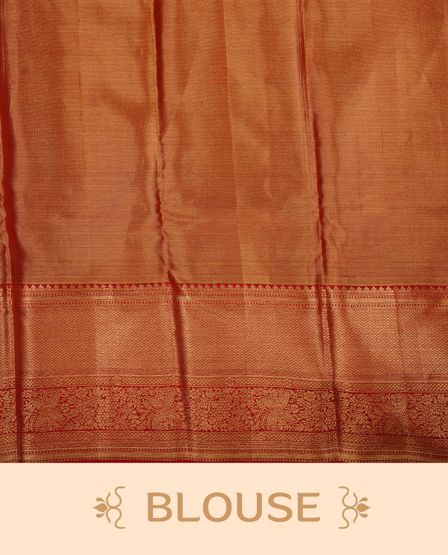 Gold & red double shade colour kancheepuram tissue silk saree featuring gold zari floral kodi pattern on body, complemented by contrast red colour with traditional border, paired with matching blouse piece.