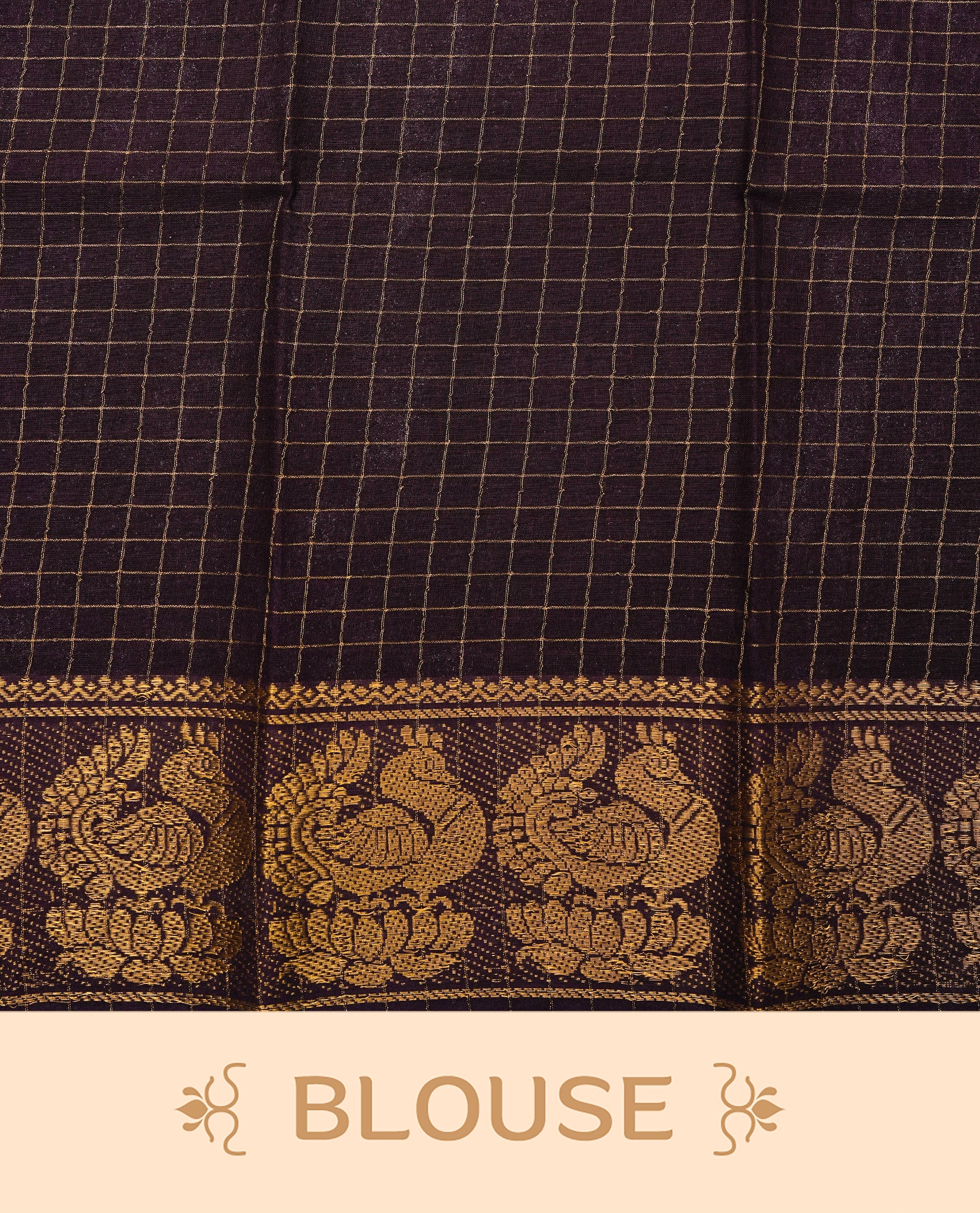 Violet Sungudi cotton saree featuring elegant gold zari checks across the body, complemented by a contrast gold zari border. Comes with a matching blouse piece.