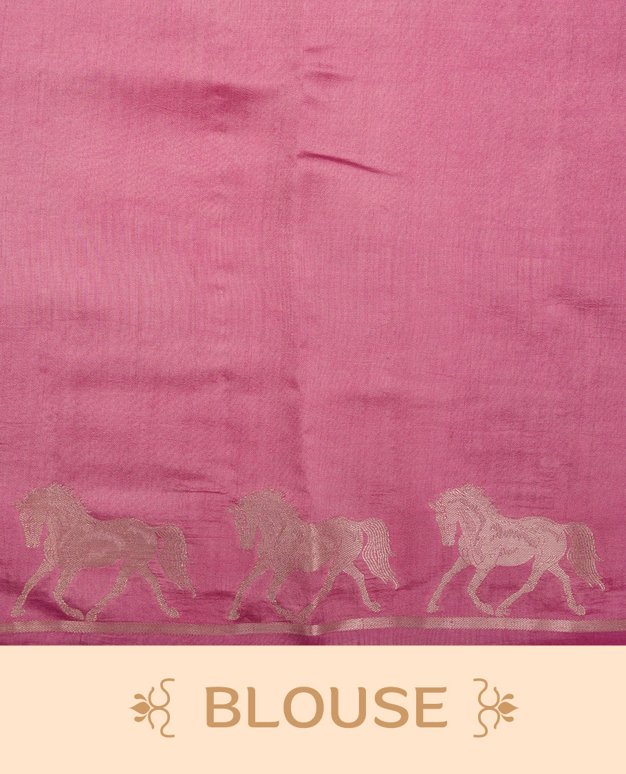 Pastal Purple colour banaras soft silk saree featuring silver zari dotted stripes on body, self colour border with silver horse pattern, pallu and paired with matching blouse.