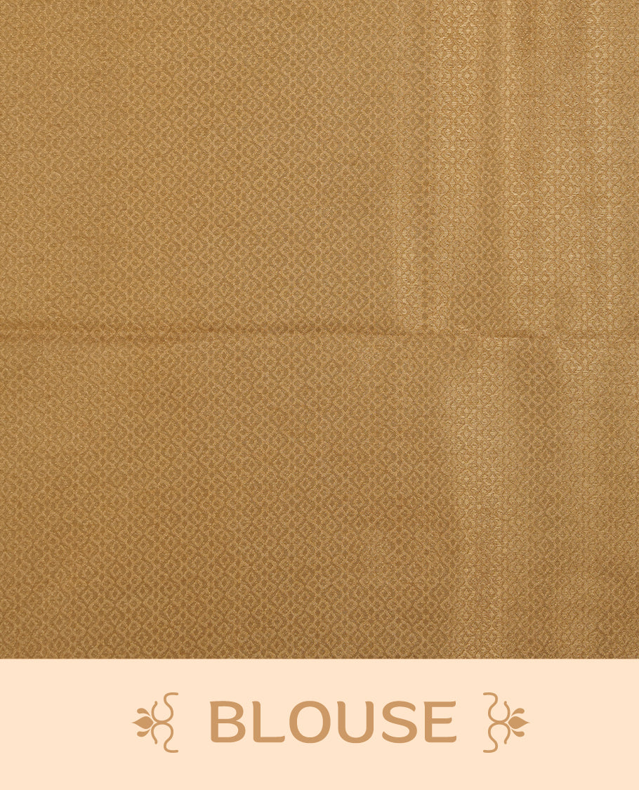Light gold colour semi soft silk saree featuring gold zari motifs on across body, self colour border with traditional gold zari pattern, pallu and paired with matching blouse.