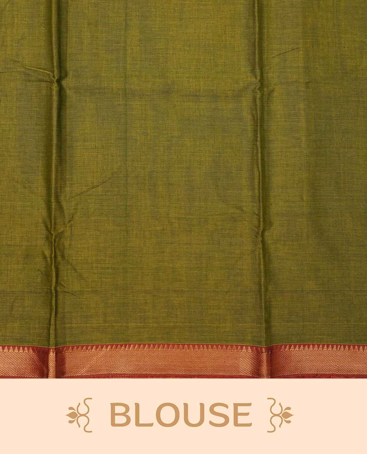 Lime Green colour Narayanapattu cotton saree with a plain body, complemented by a brick red colour with Gold Zari border & contrast pallu, paired with a matching blouse piece.