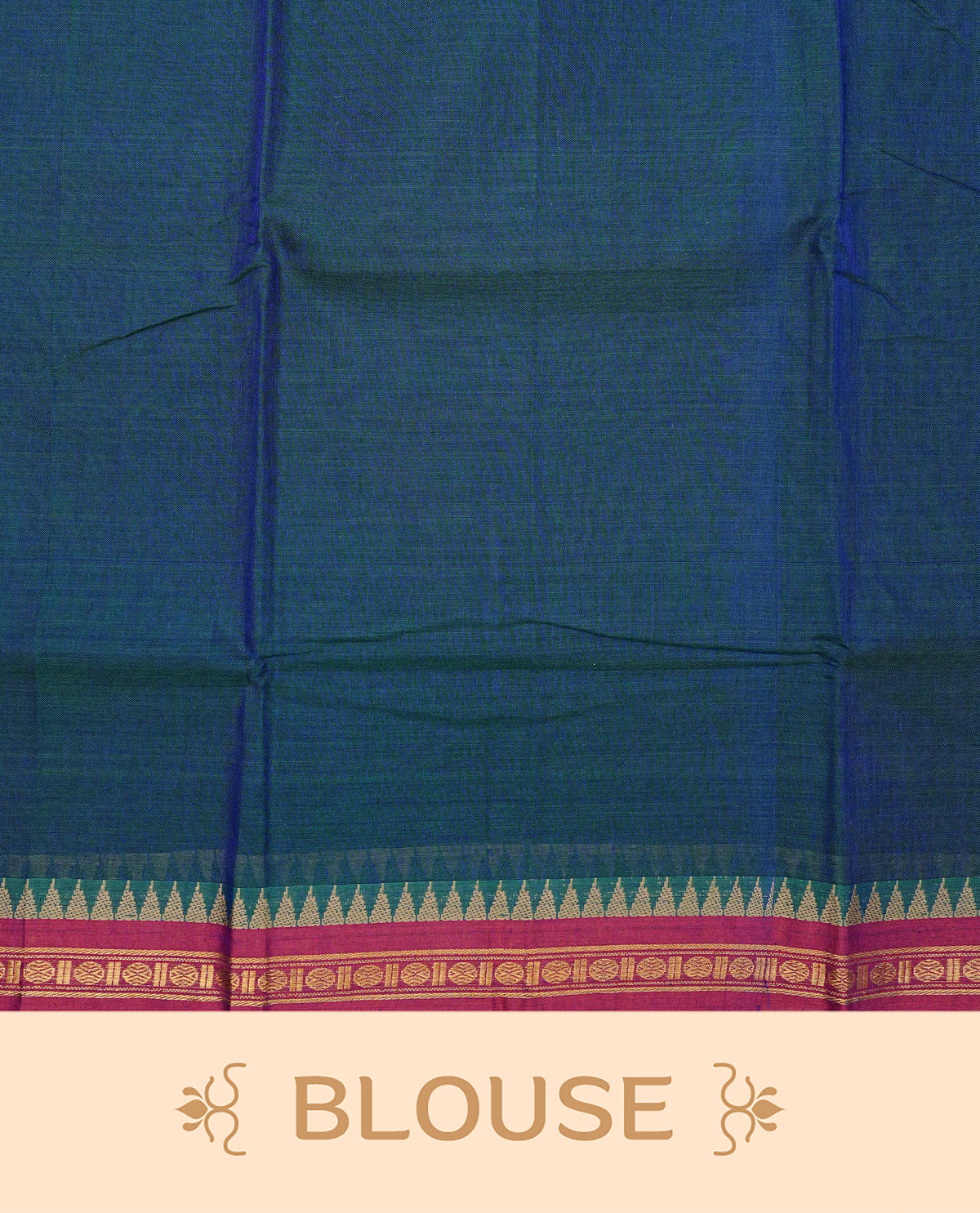 Teal Blue colour Narayanapattu cotton saree with a plain body, complemented by a magenta colour with Gold Zari ,beige colour temple designed border & contrast pallu, paired with a matching blouse piece.