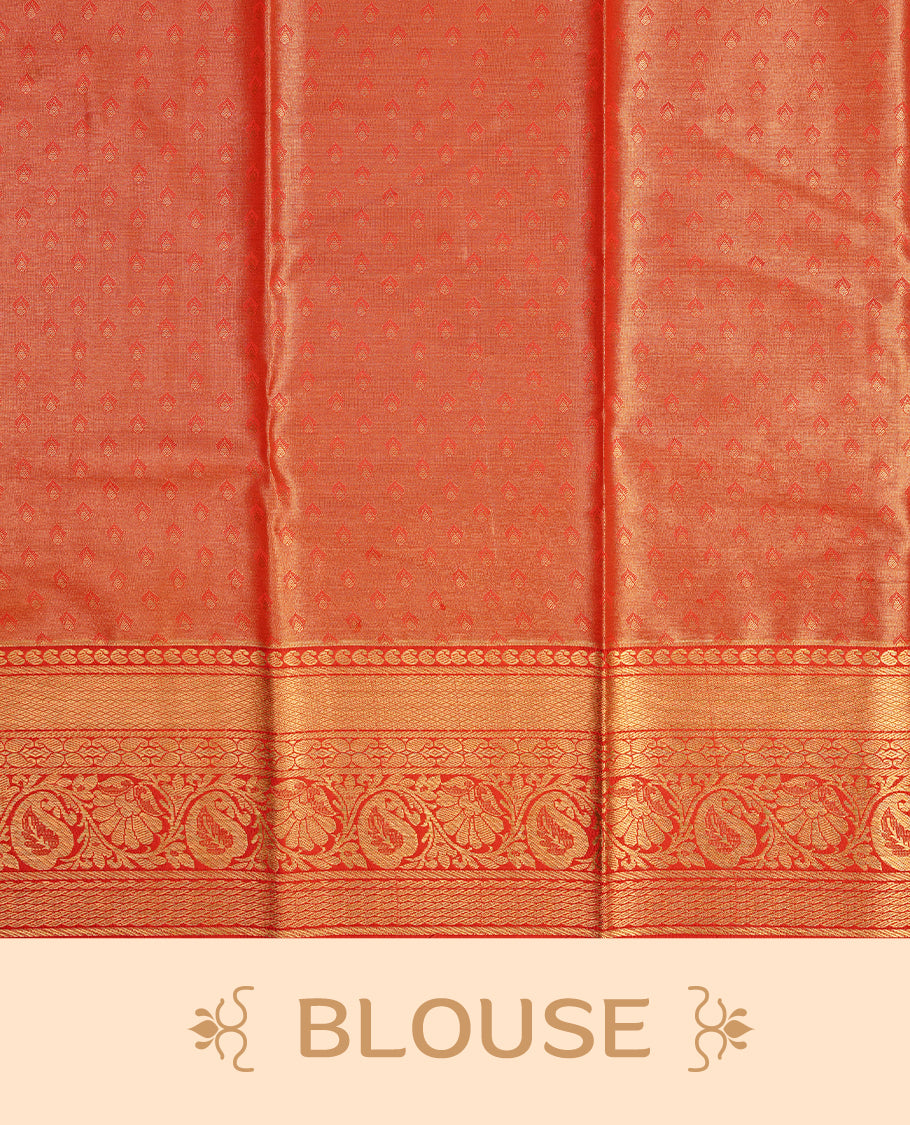 Blue & gold double shade colour semi tissue silk saree featuring gold zari floral kodi pattern on body, contrast Red colour with gold zari traditional border, paired with matching blouse piece.