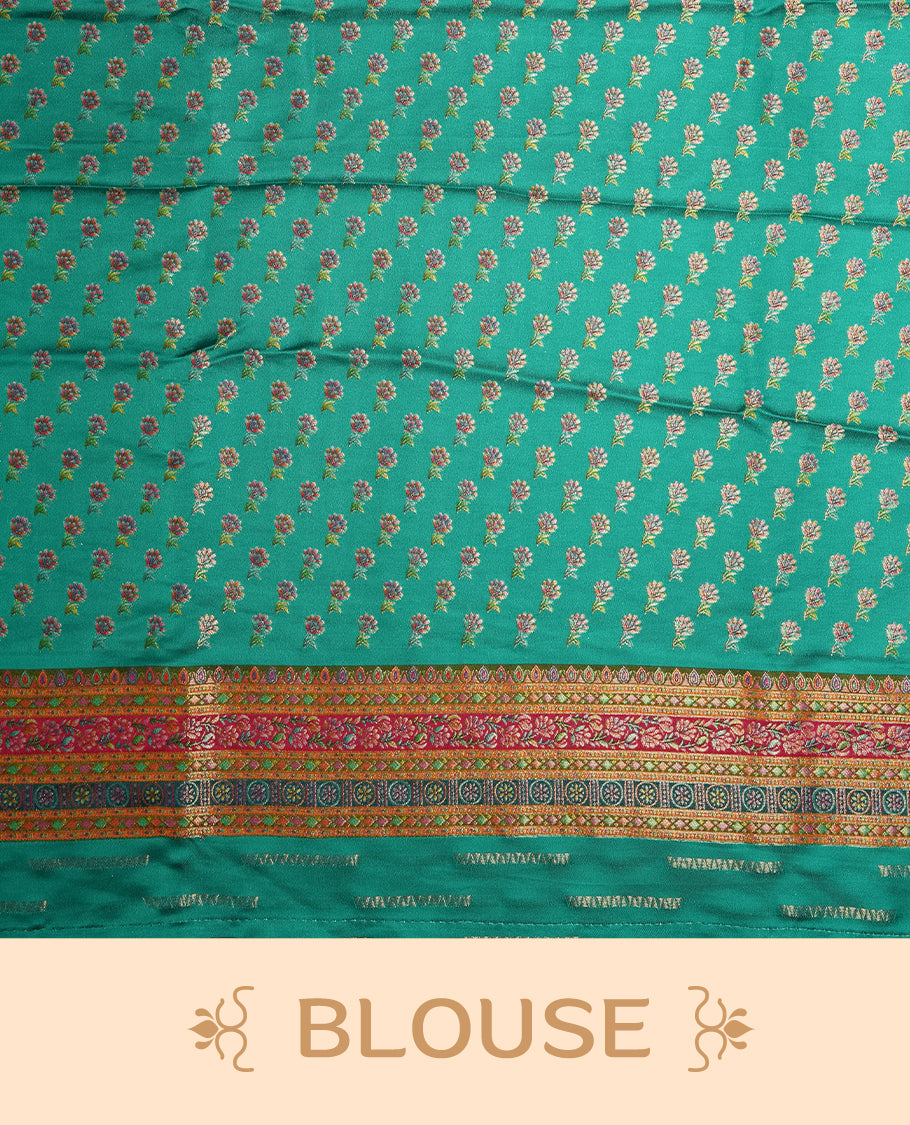 Aqua green colour Pashmina silk saree densely woven with intricate multicolour floral kodi pattern across the body, framed by an opulent arabesque border and grand storytelling pallu, paired with a matching woven border blouse piece