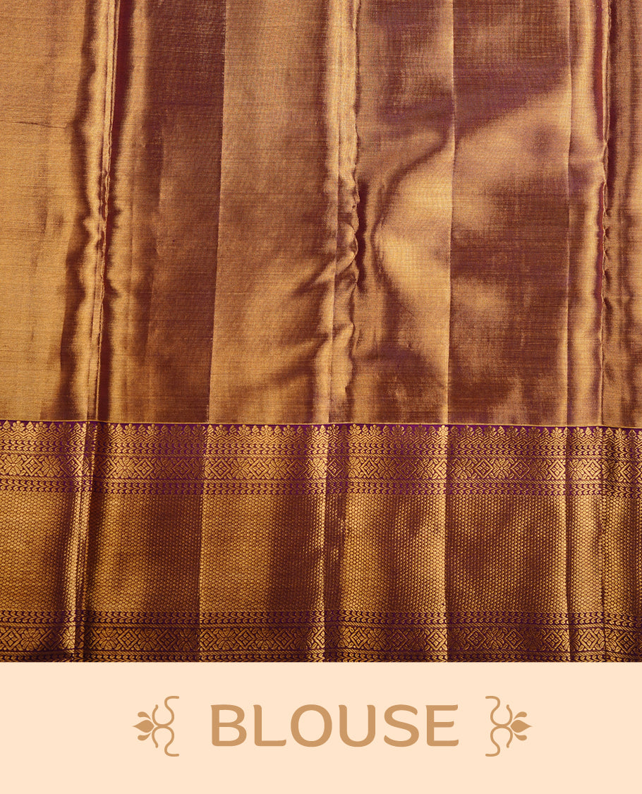 Gold & purple colour kancheepuram tissue silk saree featuring gold zari floral kodi pattern on body, complemented by contrast purple colour with traditional border, paired with matching blouse piece.