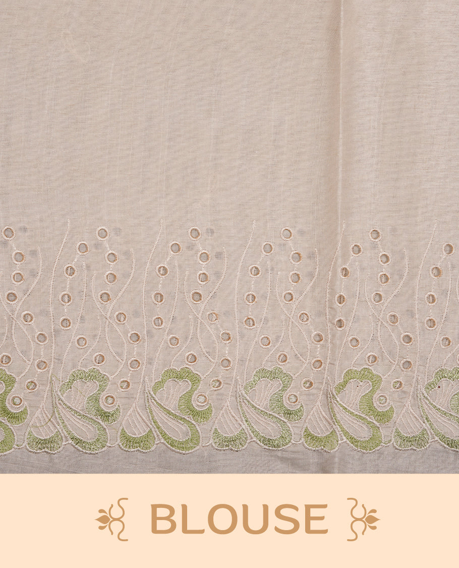 Beige colour Tussar silk saree featuring Elegant plain body, highlighting Green colour thread worked scalp border, pallu and paired with matching blouse piece.