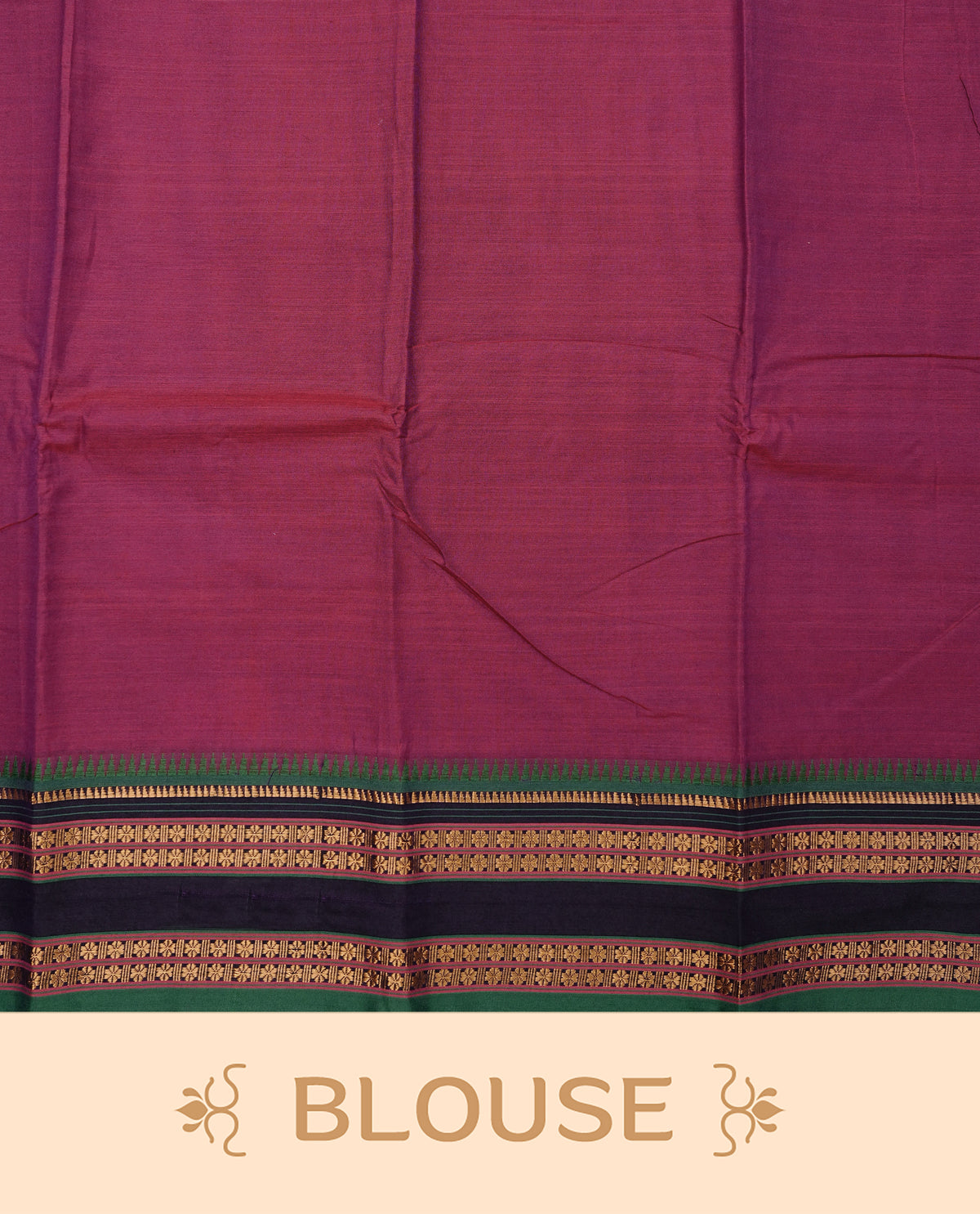 Dark magenta colour Narayanapattu cotton saree with a plain body, complemented by a green colour with gold zari border & contrast pallu, paired with a matching blouse piece.