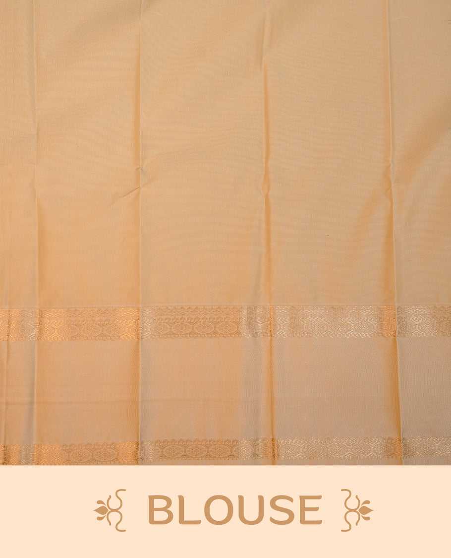 Chocolate brown coloured soft silk saree featuring gold zari stripes and motifs across the body, enhanced with a contrast Cream border and pallu, paired with a matching contrast blouse piece.