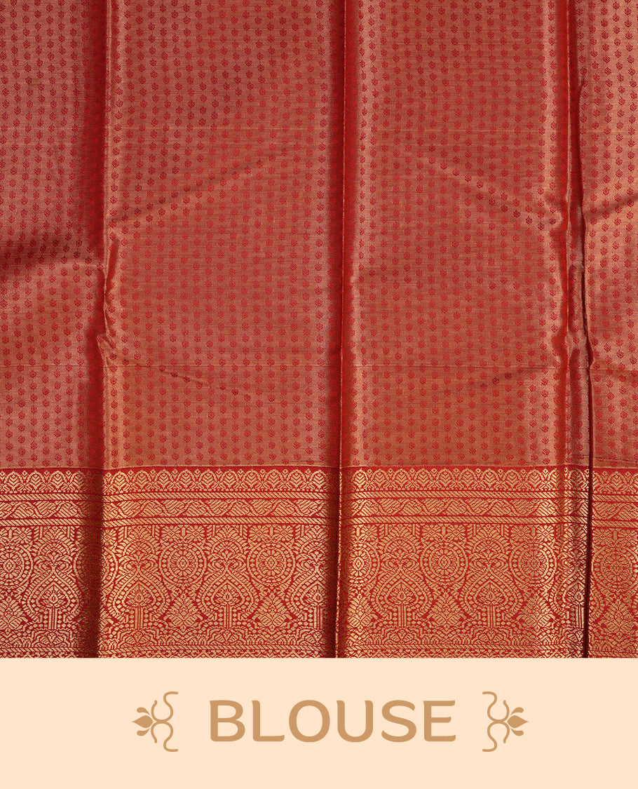 Green & gold double shade colour semi tissue silk saree featuring gold zari floral kodi pattern on body, contrast Maroon colour with gold zari traditional border, paired with matching blouse piece.
