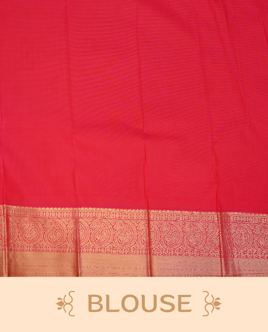 Cream coloured soft silk saree featuring gold zari dotted stripes and motifs across the body, enhanced with a contrast Magenta border and pallu, paired with a matching contrast blouse piece.