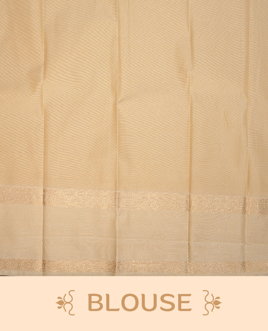 Purple coloured soft silk saree featuring gold zari stripes and motifs across the body, enhanced with a contrast Cream border and pallu, paired with a matching contrast blouse piece.