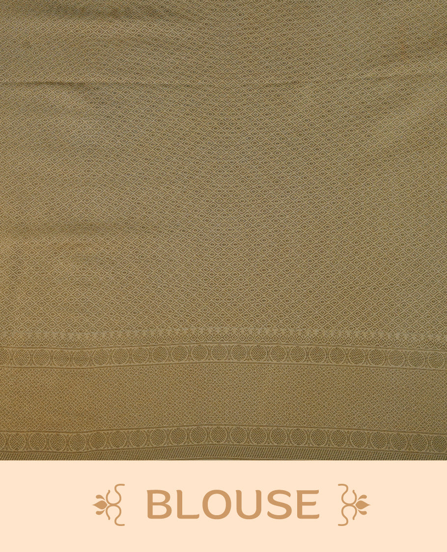 Cream colour soft silk saree featuring gold zari Chakram & peacock motifs inside box pattern on body, complemented by self colour with traditional border, paired with matching blouse piece.