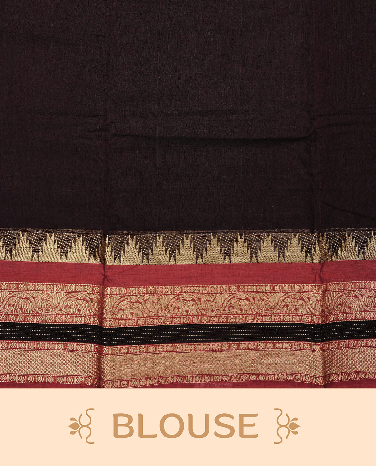 Dark Brown colour Narayanapattu cotton saree with a plain body, complemented by a red colour with Gold Zari & temple designed border & contrast pallu, paired with a matching blouse piece.