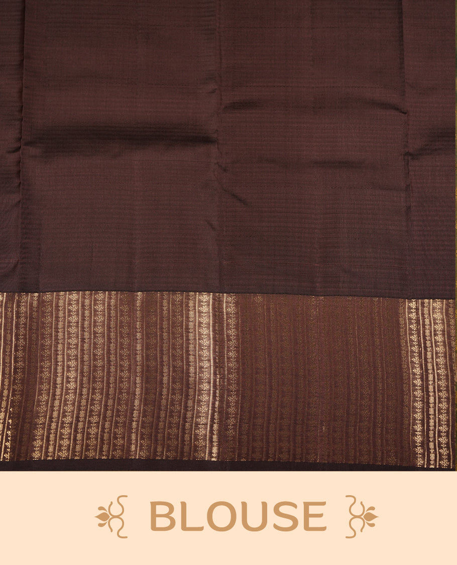Cream grey colour soft silk saree featuring gold zari motifs on the body, complemented by a contrast chocolate traditional zari border and pallu, paired with matching blouse piece.