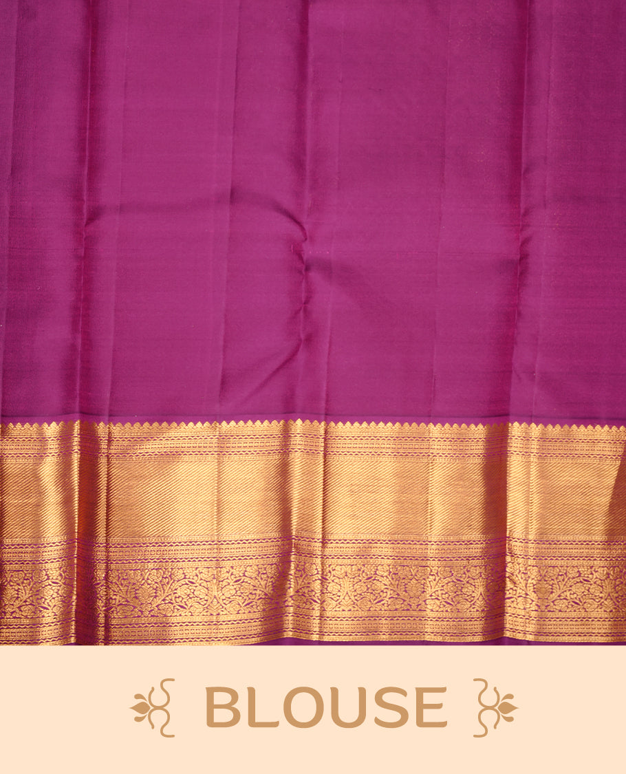 Purple colour kancheepuram silk saree featuring gold zari pattern across body, complemented by selfcolour border traditional zari border, paired with matching blouse piece.