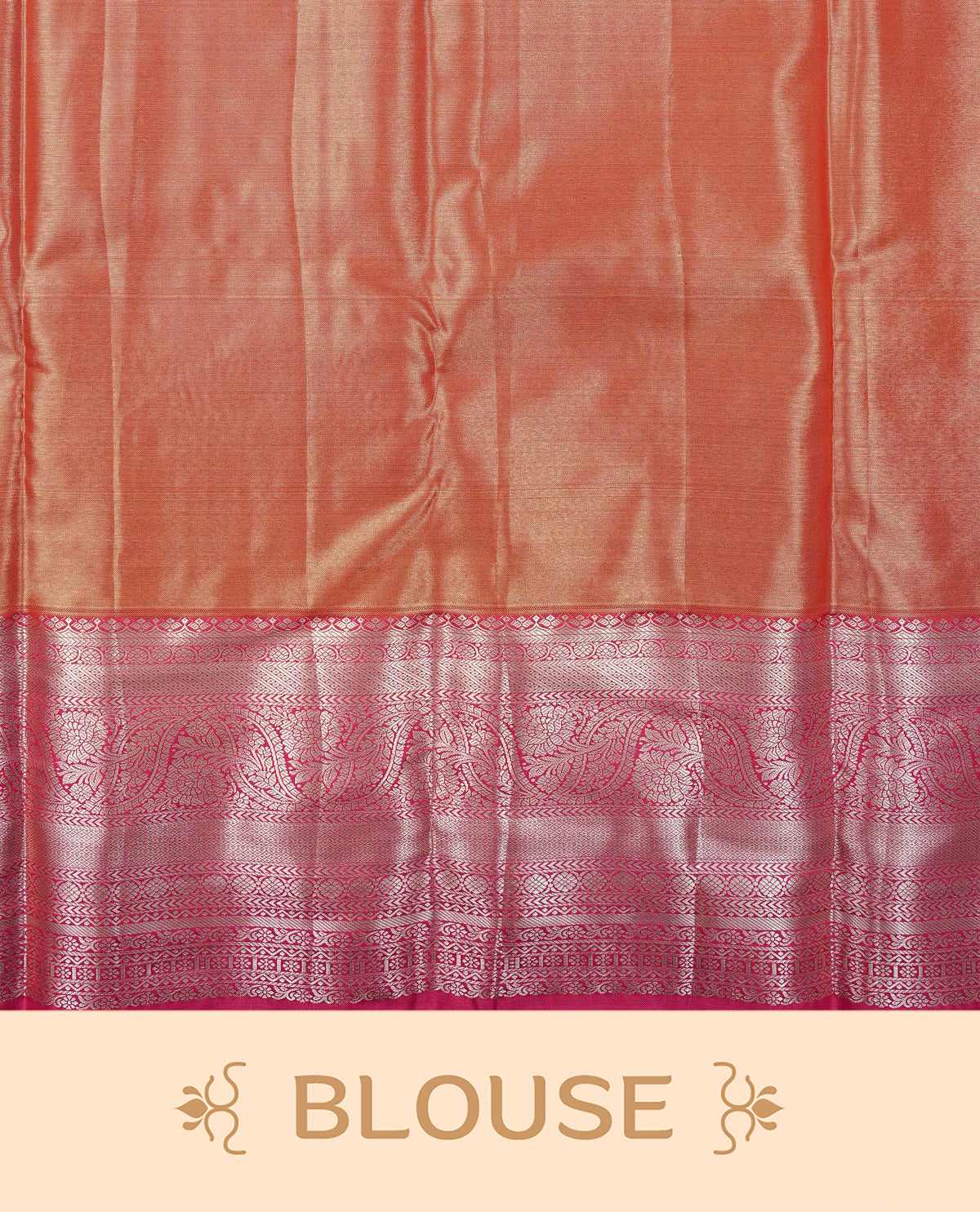 Orange Colour Tissue Silk Saree featuring elephant, peacock, and floral light gold zari woven motifs across the body, a richly woven zari pallu, complemented by a contrast pink border with light gold zari & paired with a matching blouse piece.