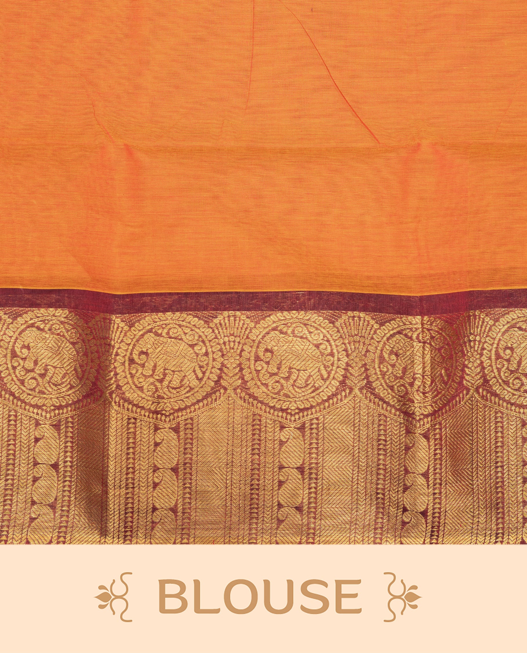 Rust orange colour chettinad cotton saree featuring elegant plain body, Contrast maroon colour with Gold zari border, comes with matching blouse piece.