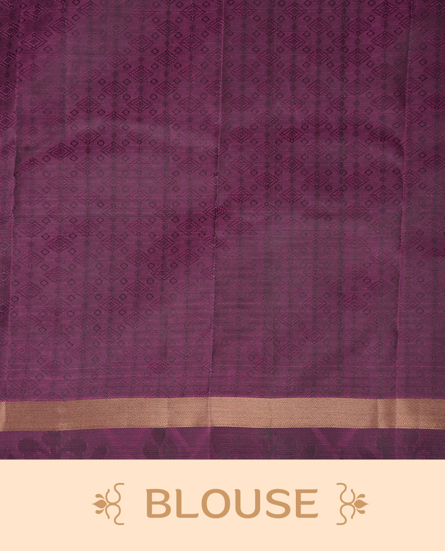 Blue colour soft silk saree featuring gold zari motifs on the body, complemented by a contrast Magenta zari floral kodi border and pallu, paired with a matching blouse piece.