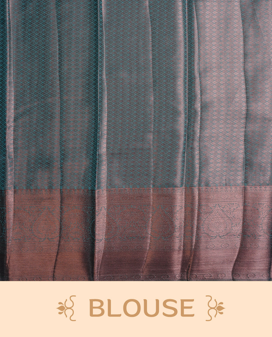 Aqua & copper double shade colour semi tissue silk saree featuring copper zari floral kodi pattern on body, self colour with copper traditional border, paired with matching blouse piece.