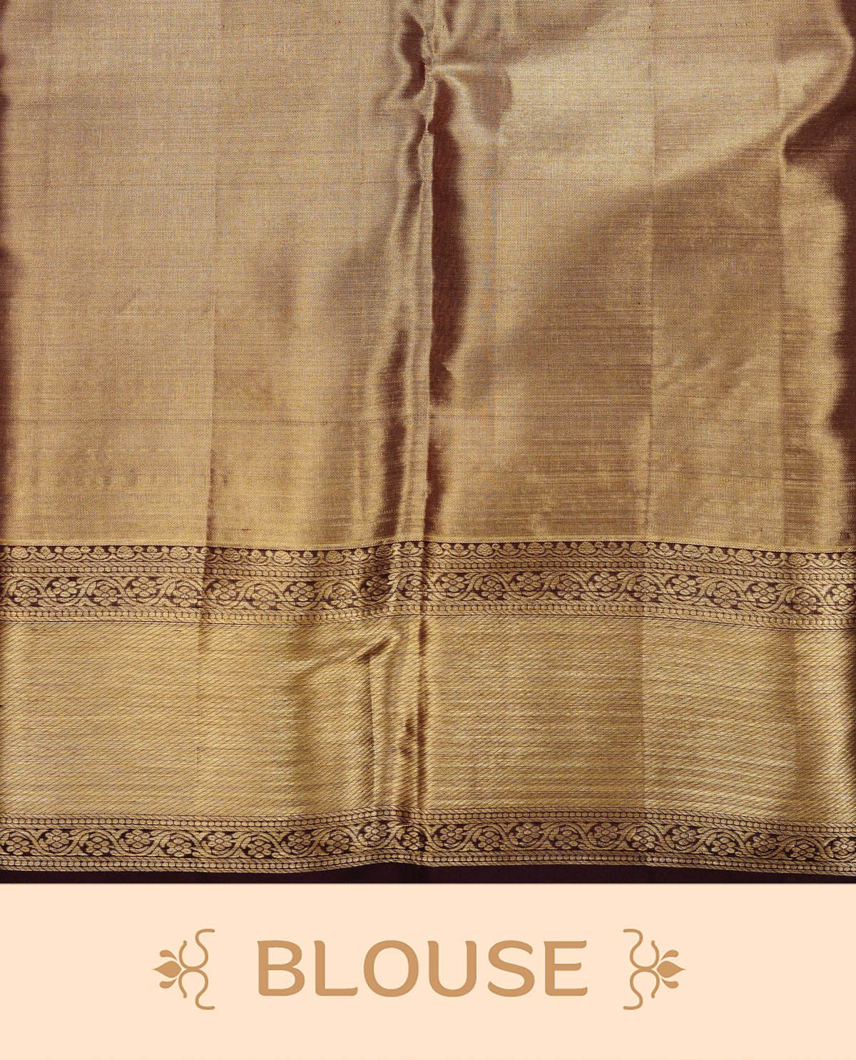 Chocolate & gold double shade pure tissue silk saree featuring aqua zari floral kodi pattern with peacocak on body, complemented by self colour with traditional border, comes with matching blouse piece.