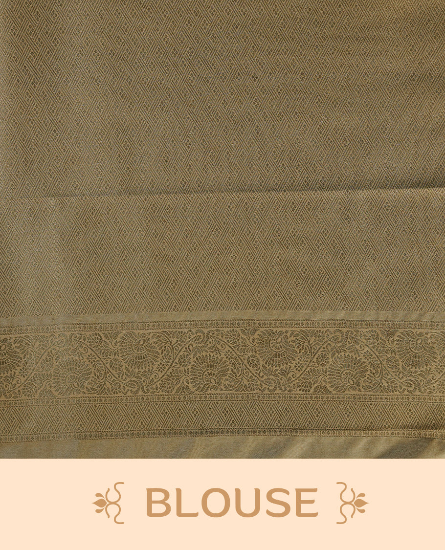 Cream colour soft silk saree featuring gold zari floral pattern on body, complemented by self colour with traditional border, paired with matching blouse piece.