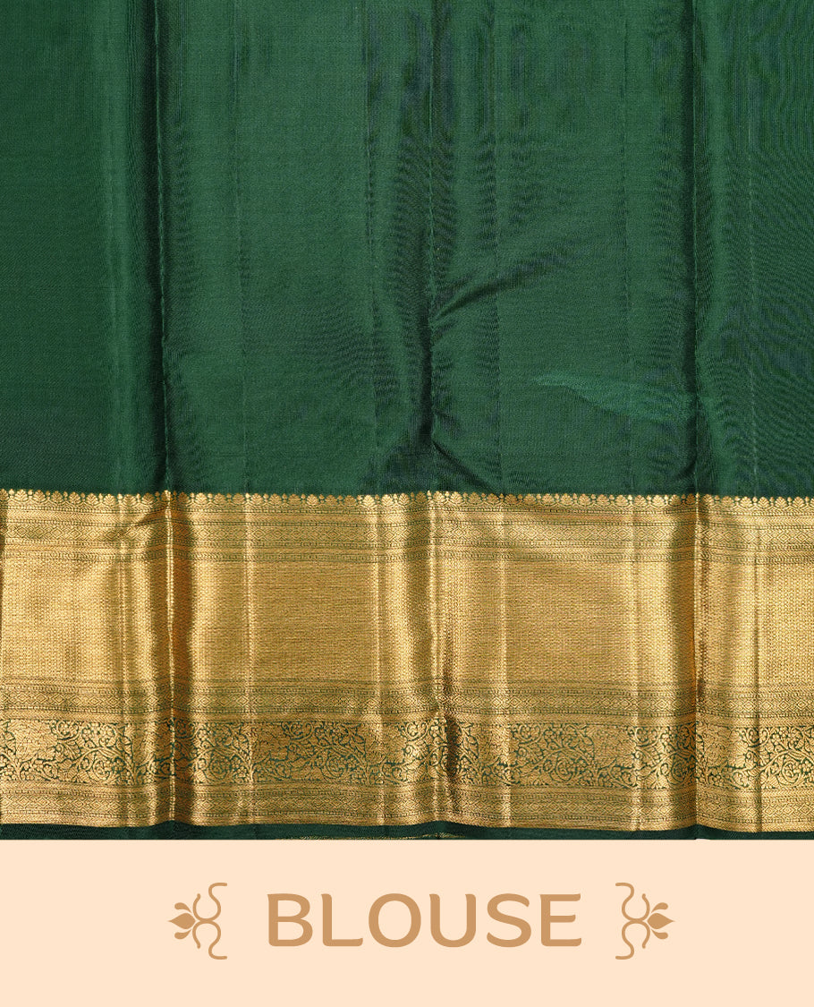 Bottle green colour kancheepuram silk saree featuring gold zari pattern across body, complemented by selfcolour border traditional zari border, paired with matching blouse piece.