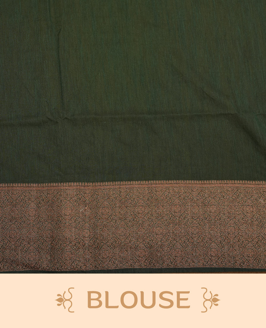 Light gold colour semi linen silk saree featuring elegant plain body, highlighting antique zari traditional border with contrast green colour, pallu and paired with matching blouse