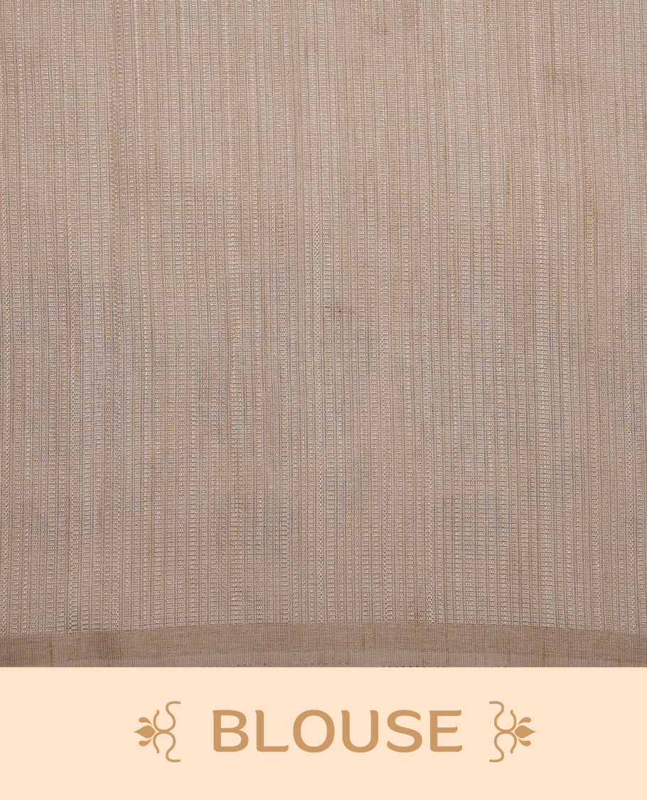 Beige colour Tussar silk saree featuring Elegant plain body, highlighting Lavender colour floral cut work with Light gold zari border, pallu and paired with matching blouse piece.