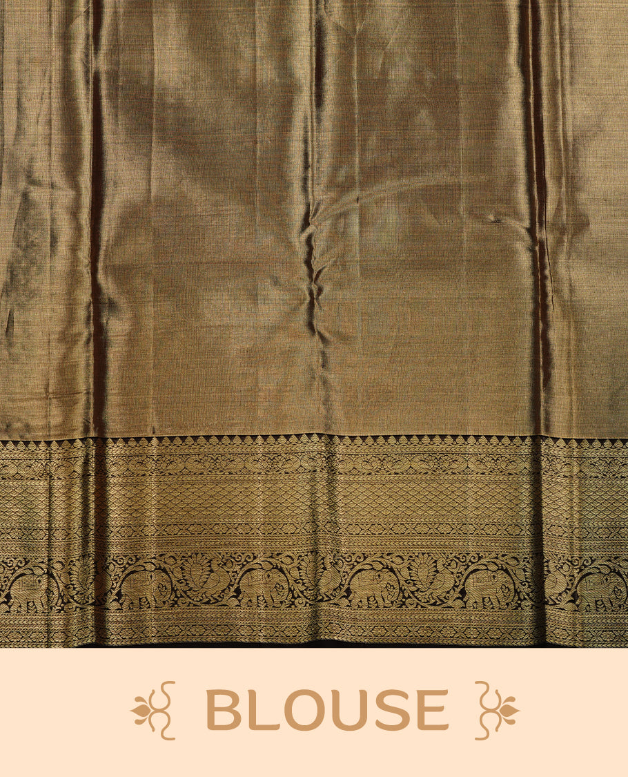 Gold & chocolate brown double shade colour kancheepuram tissue silk saree featuring gold zari floral kodi pattern on body, complemented by contrast chocolate brown colour with traditional border, paired with matching blouse piece.