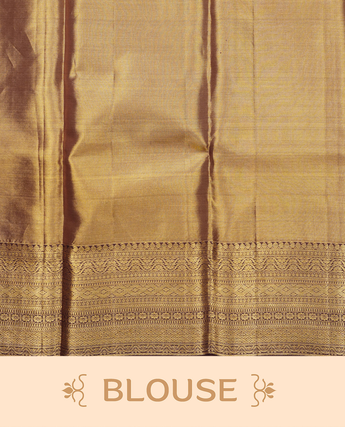 Gold colour pure tissue silk saree featuring gold zari geometric pattern on body, complemented by contrast Chocolate colour with traditional border, comes with matching blouse piece.