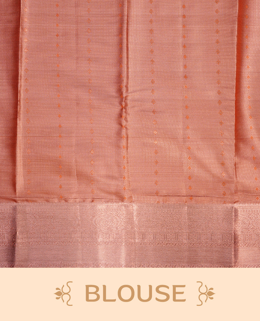Copper colour semi tissue silk saree featuring copper zari pattern on body, contrast Purple colour with gold zari traditional border, paired with matching blouse piece.