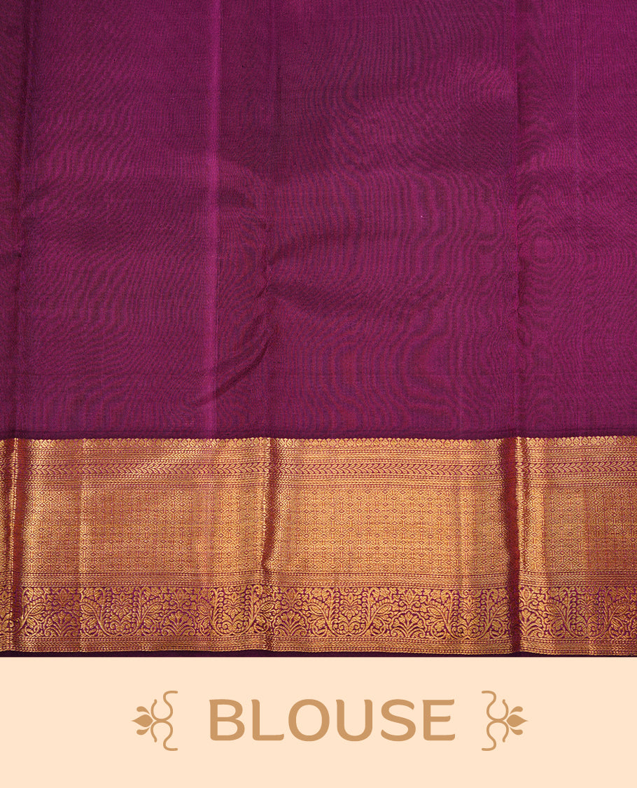 Purple colour kancheepuram silk saree featuring gold zari floral kodi pattern on body, complemented by self colour with traditional border, paired with matching blouse piece.
