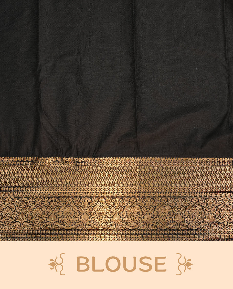Gold colour semi wedding saree featuring gold zari check with motifs on body, contrast black colour with traditional border, paired with matching blouse piece.