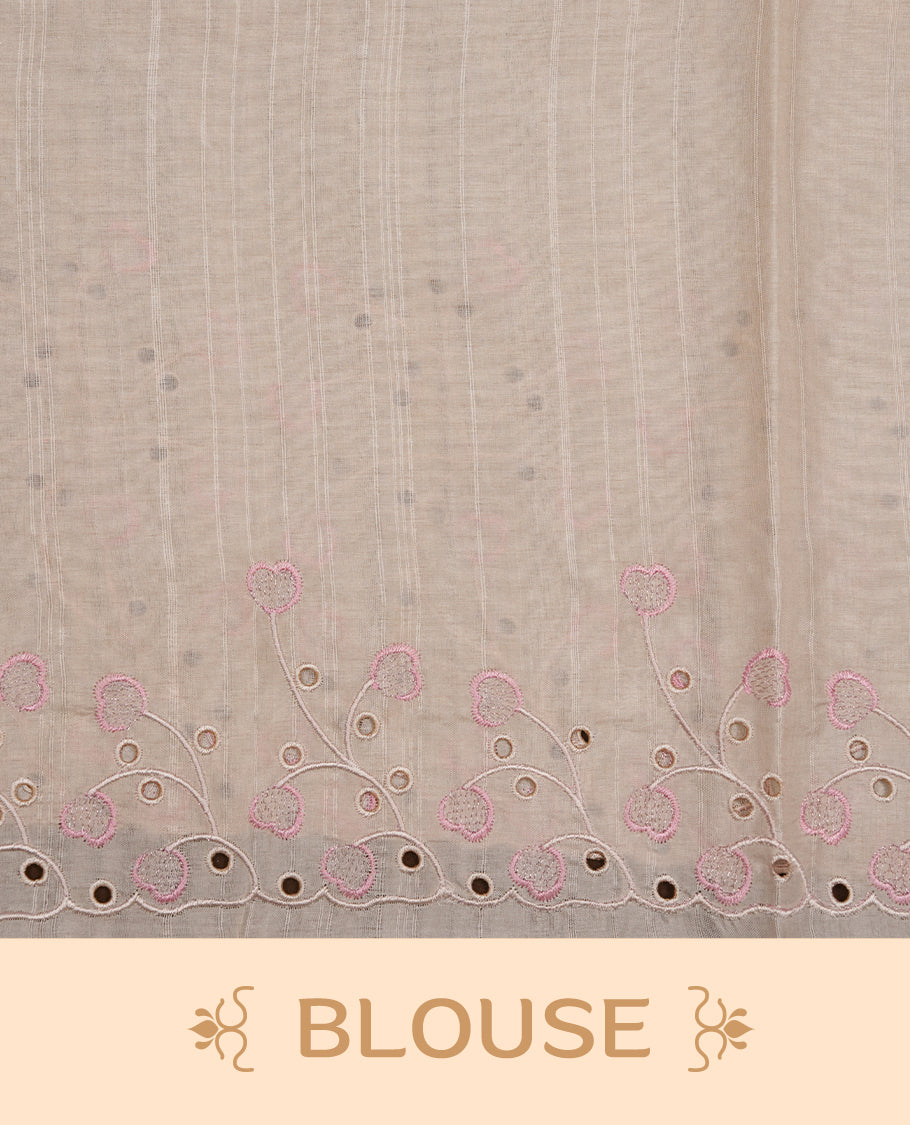 Beige colour Tussar silk saree featuring Elegant plain body, highlighting Pink colour thread floral kodi worked scalp border, pallu and paired with matching blouse piece.