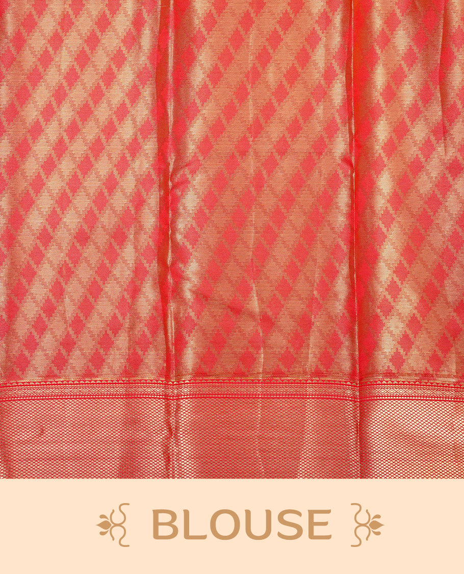 Red & Gold Double shade Semi Tissue Silk saree featuring Light gold & silver Box pattern on body, complemented by Contrast Red with gold zari border, paired with matching blouse piece.