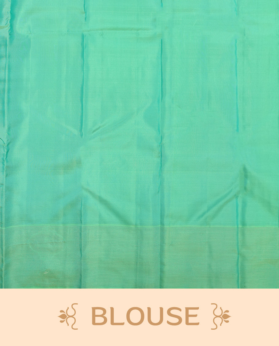 Aqua Green colour Vasundhara silk saree adorned with all-over green flower kodi motifs on the body, complemented by a self colour with gold Line pattern border and paired with a matching blouse piece.