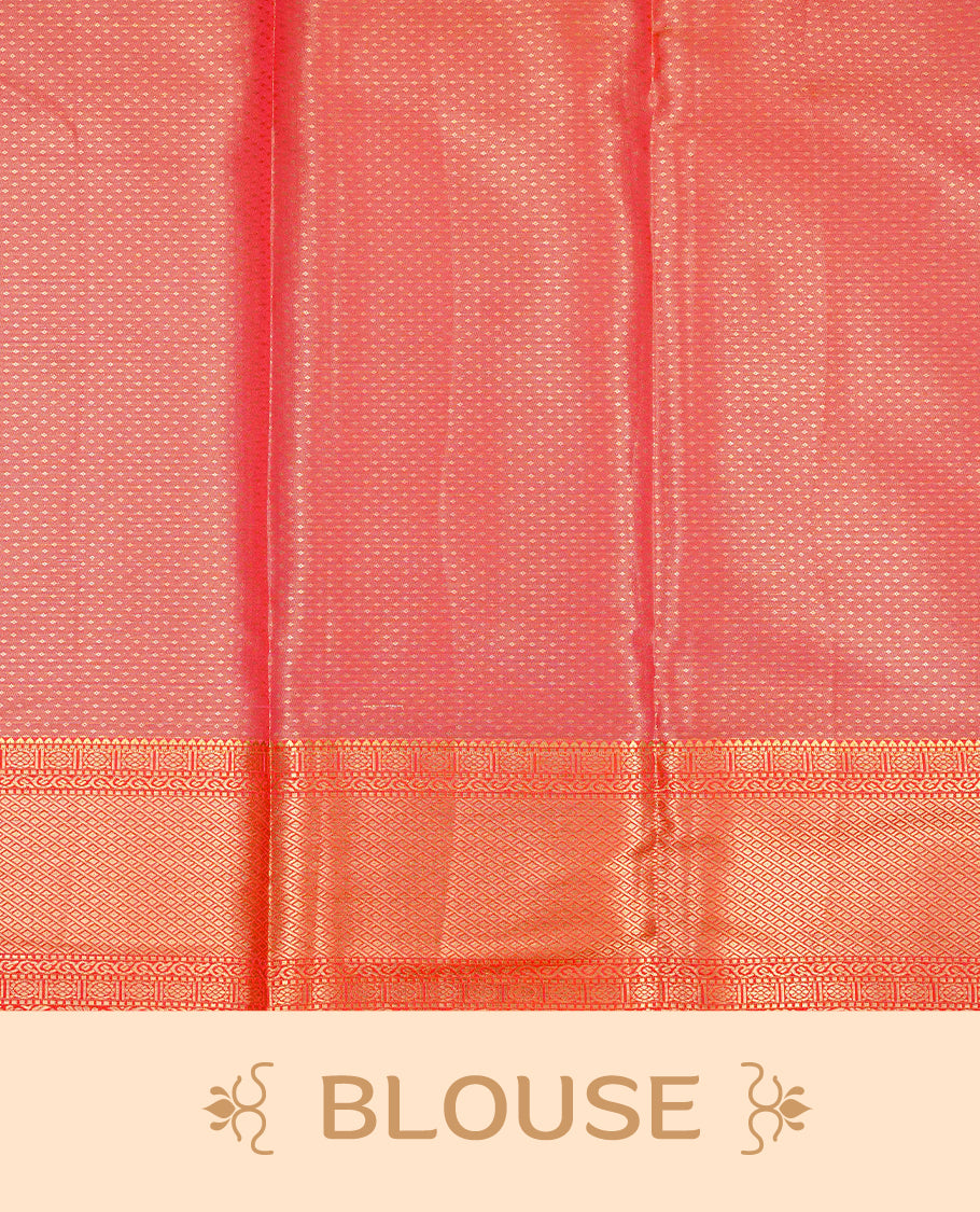 Orange & Gold Double shade Semi Tissue Silk saree featuring Light gold pattern on body, complemented by Contrast Orange with gold zari border, paired with matching blouse piece.