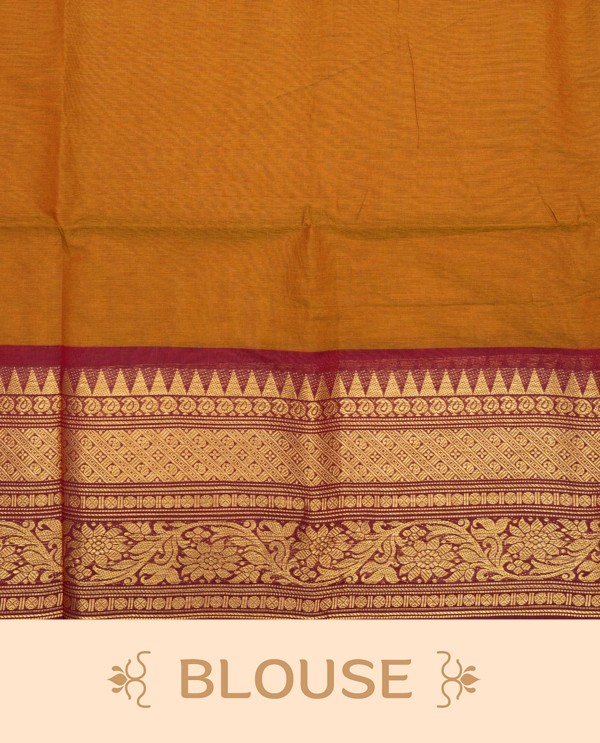 Brick colour chettinad cotton saree featuring elegant plain body, Contrast maroon colour with Gold zari border, comes with matching blouse piece.