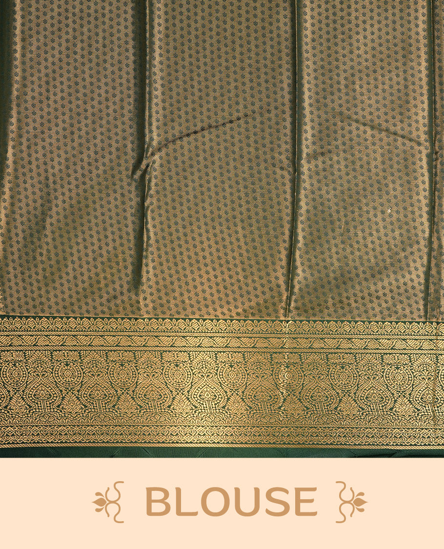 Red & gold double shade colour semi tissue silk saree featuring gold zari floral kodi pattern on body, contrast Green colour with gold zari traditional border, paired with matching blouse piece.