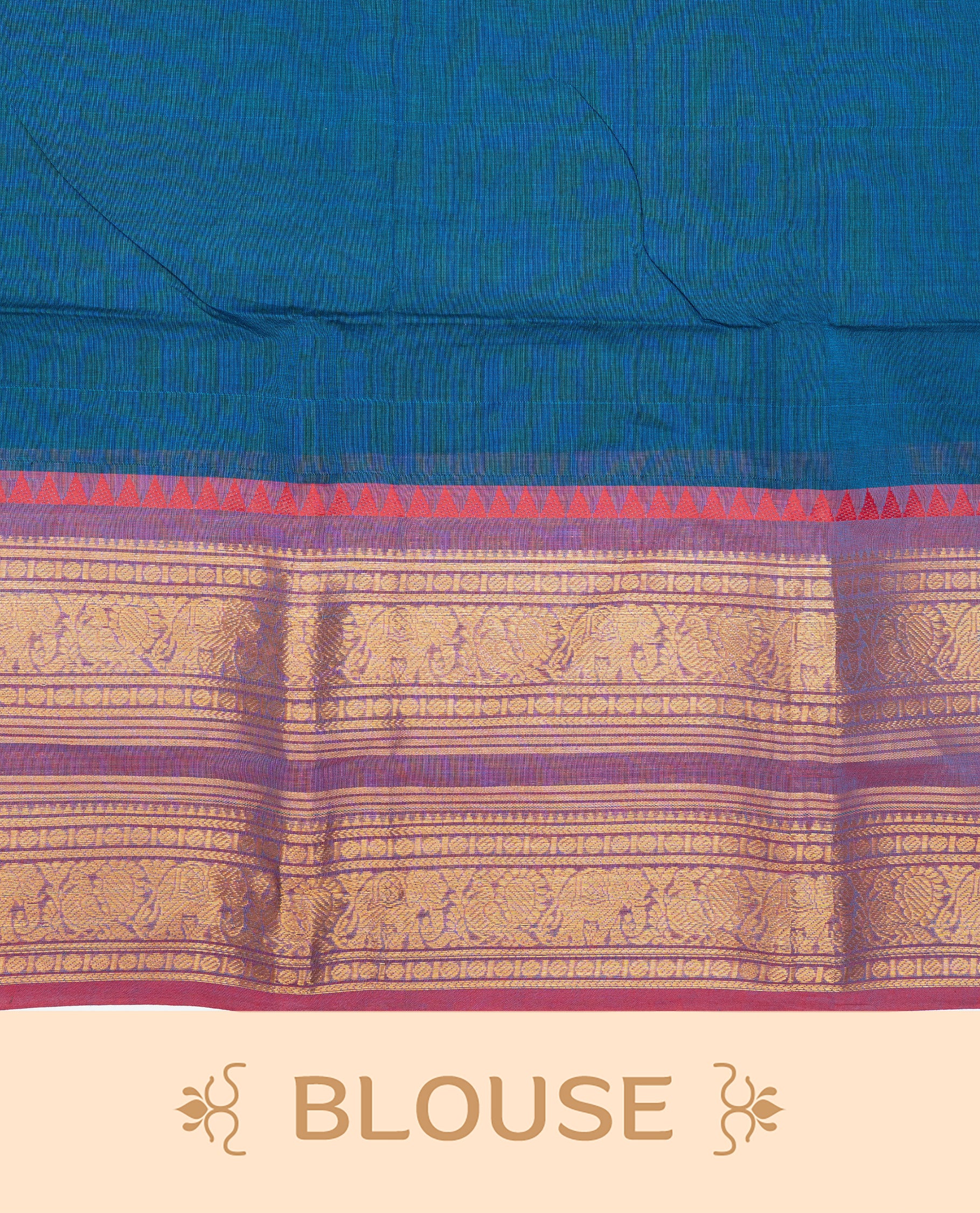 Peacock blue colour chettinad cotton saree featuring elegant plain body, Contrast magenta & purple dual shade colour with Gold zari border, comes with matching blouse piece.