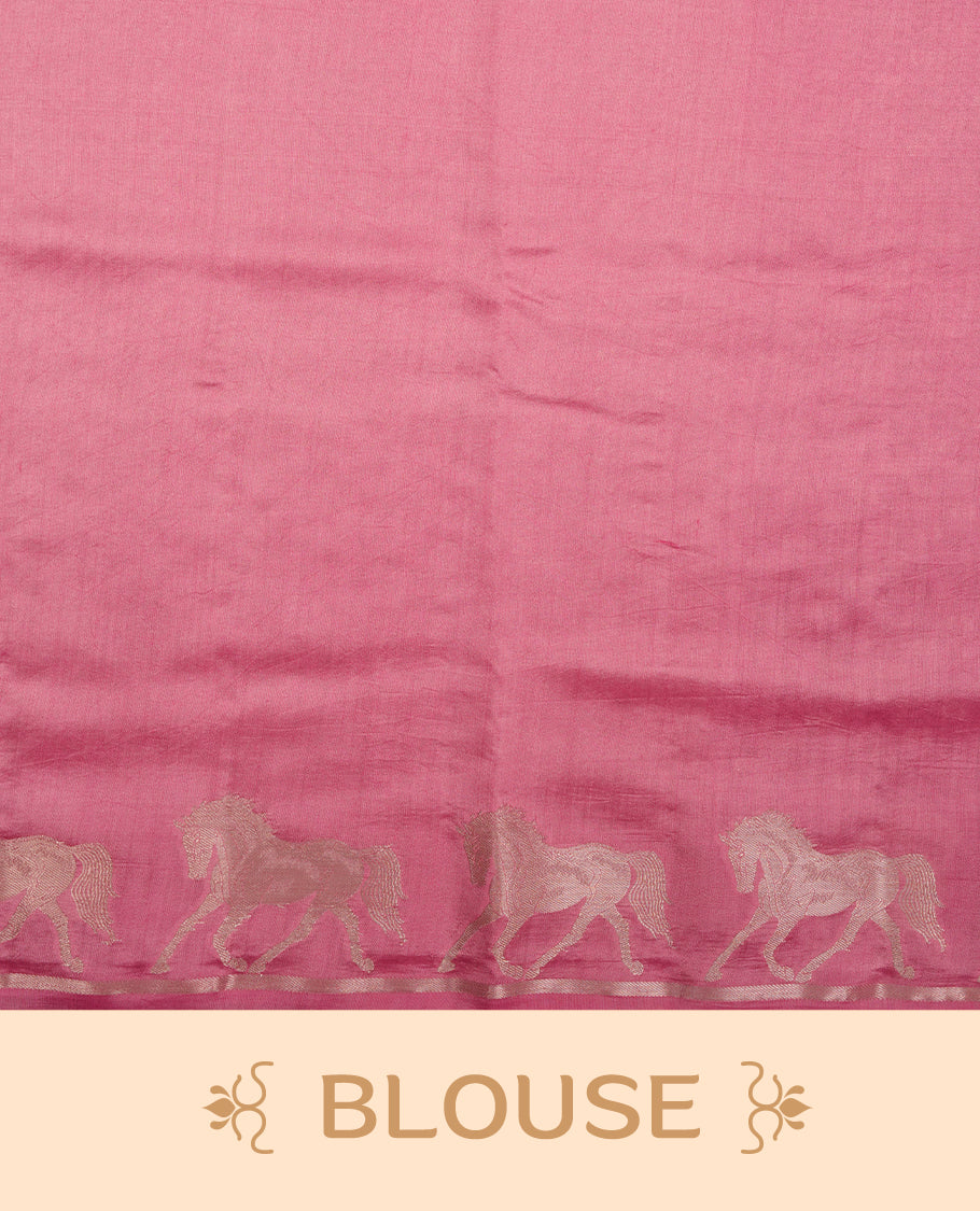 Pastal Pink colour banaras soft silk saree featuring silver zari dotted stripes on body, self colour border with silver horse pattern, pallu and paired with matching blouse.
