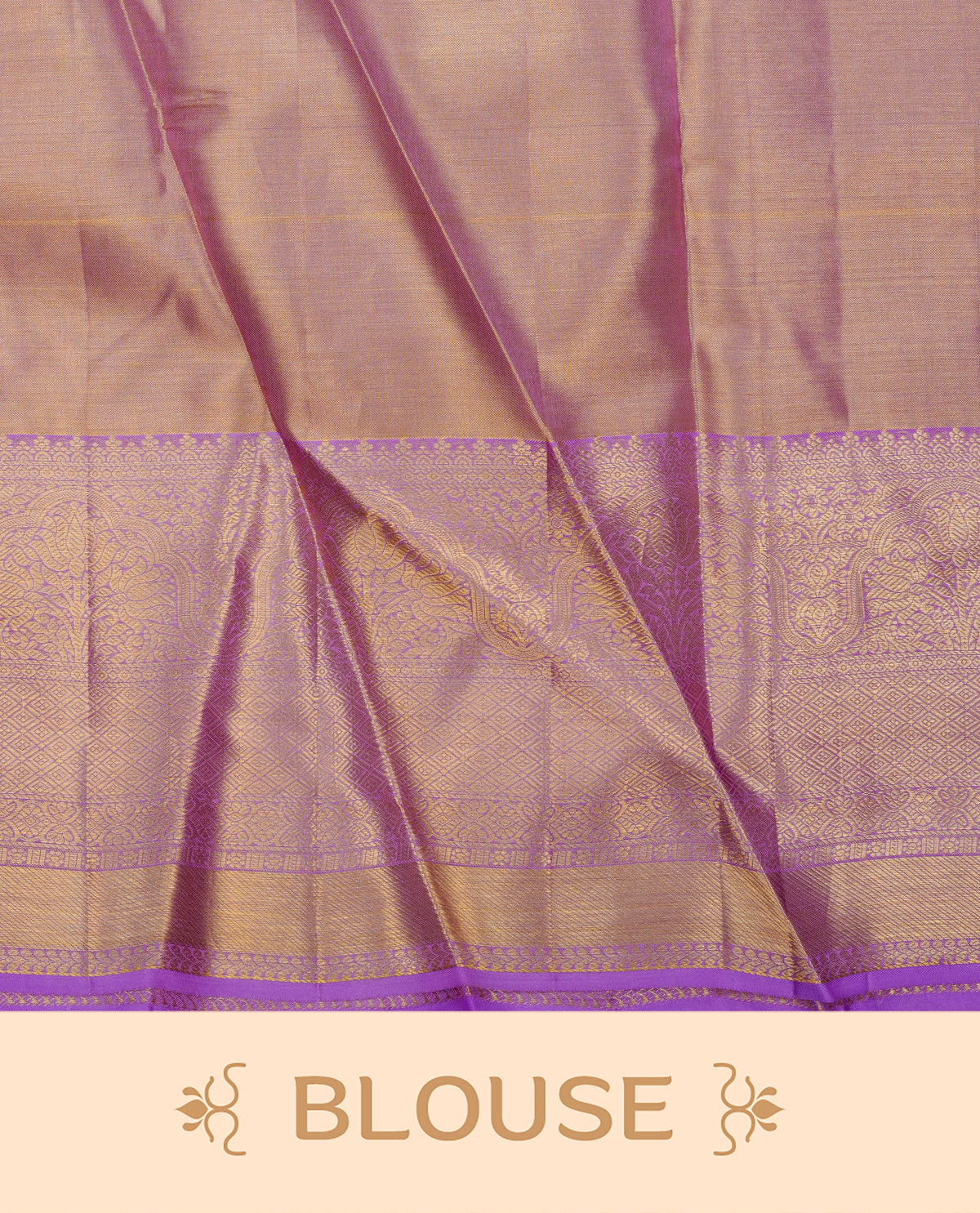 Light gold & lavender colour pure tissue silk saree featuring multi colour zari floral kodi pattern on body, complemented by contrast Lavender colour traditional border, comes with matching blouse piece.