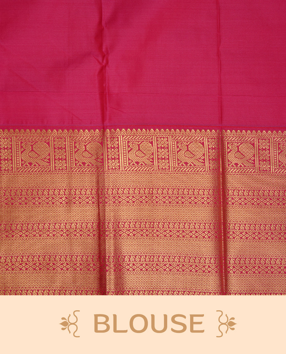 Lemon coloured soft silk saree featuring gold zari stripes and motifs across the body, enhanced with a contrast Magenta border and pallu, paired with a matching contrast blouse piece.