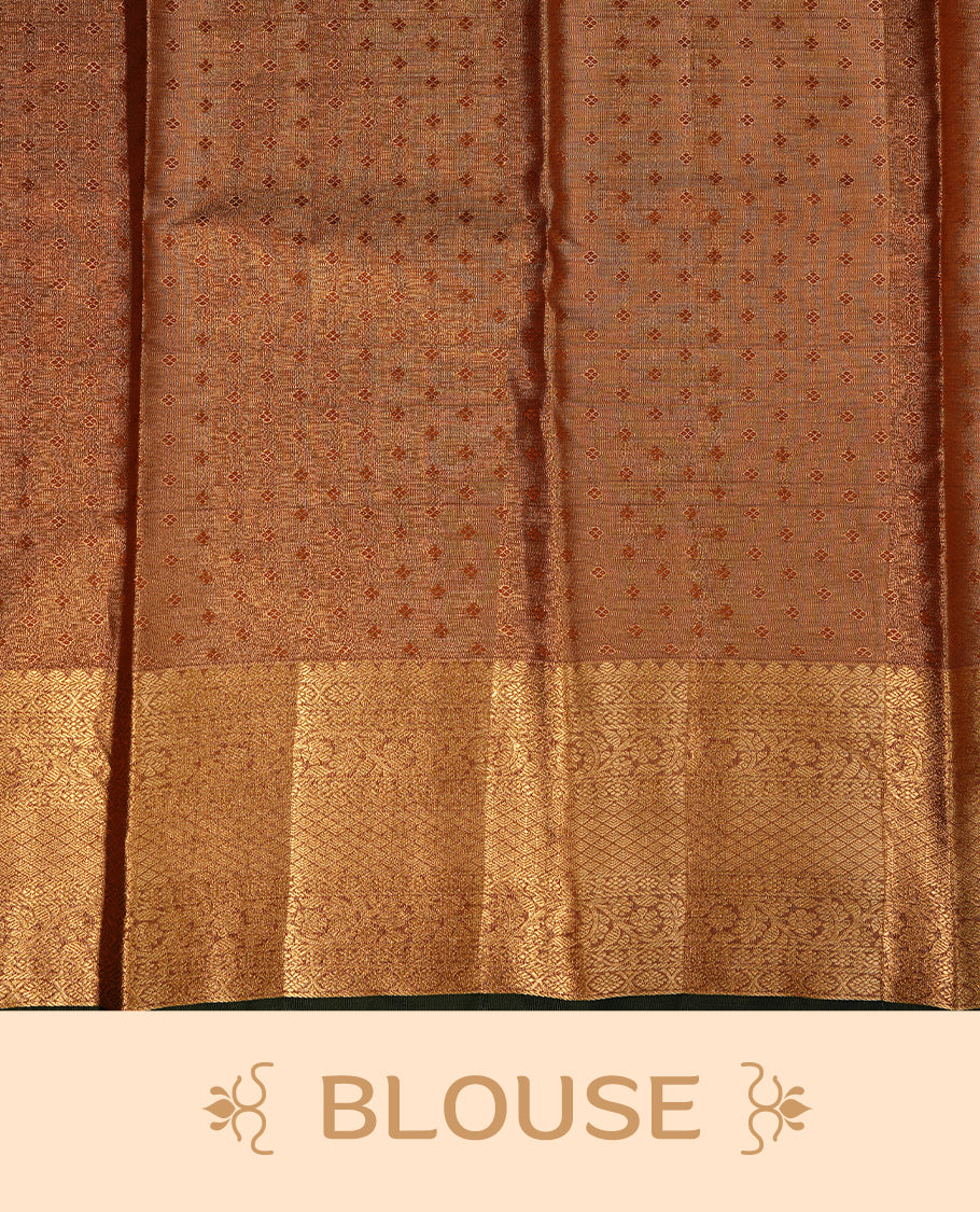 Gold colour semi tissue silk saree featuring gold zari pattern on body, contrast Green colour with gold zari traditional border, paired with matching blouse piece.