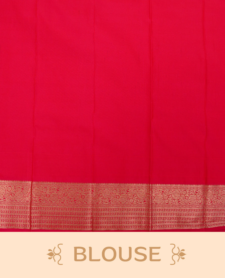 Light oilve coloured soft silk saree featuring gold zari stripes and motifs across the body, enhanced with a selfcolour border and contrast magenta pallu, paired with a matching contrast blouse piece.