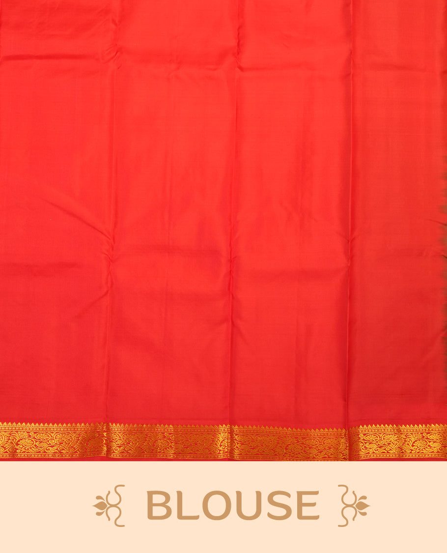 Lemon green colour Vasundhara silk saree adorned with all-over gold motifs on the body, complemented by a contrast red colour with gold simple traditional border and paired with a matching blouse piece.