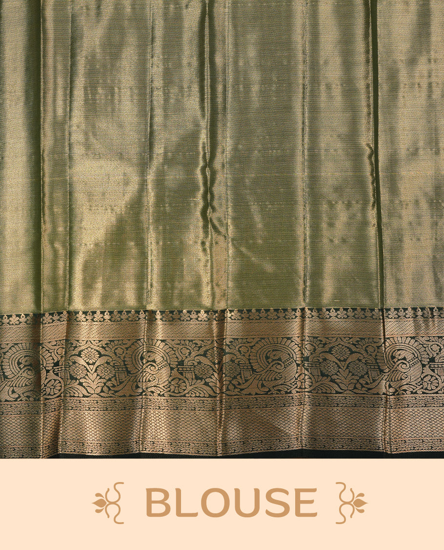 Purple & gold double shade colour semi tissue silk saree featuring gold zari floral kodi pattern on body, contrast green colour with gold zari traditional border, paired with matching blouse piece.