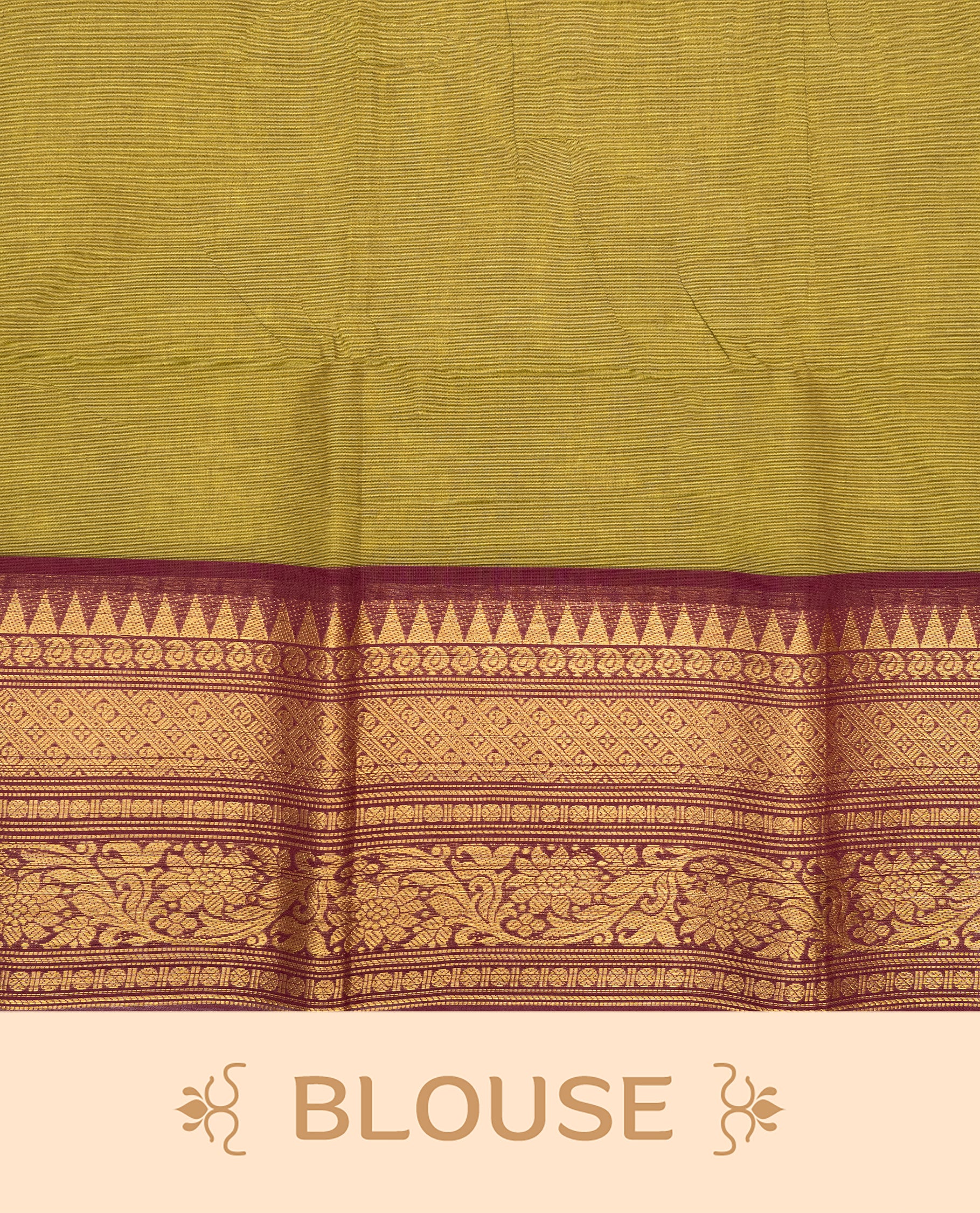Olive colour chettinad cotton saree featuring elegant plain body, Contrast maroon colour with Gold zari border, comes with matching blouse piece.