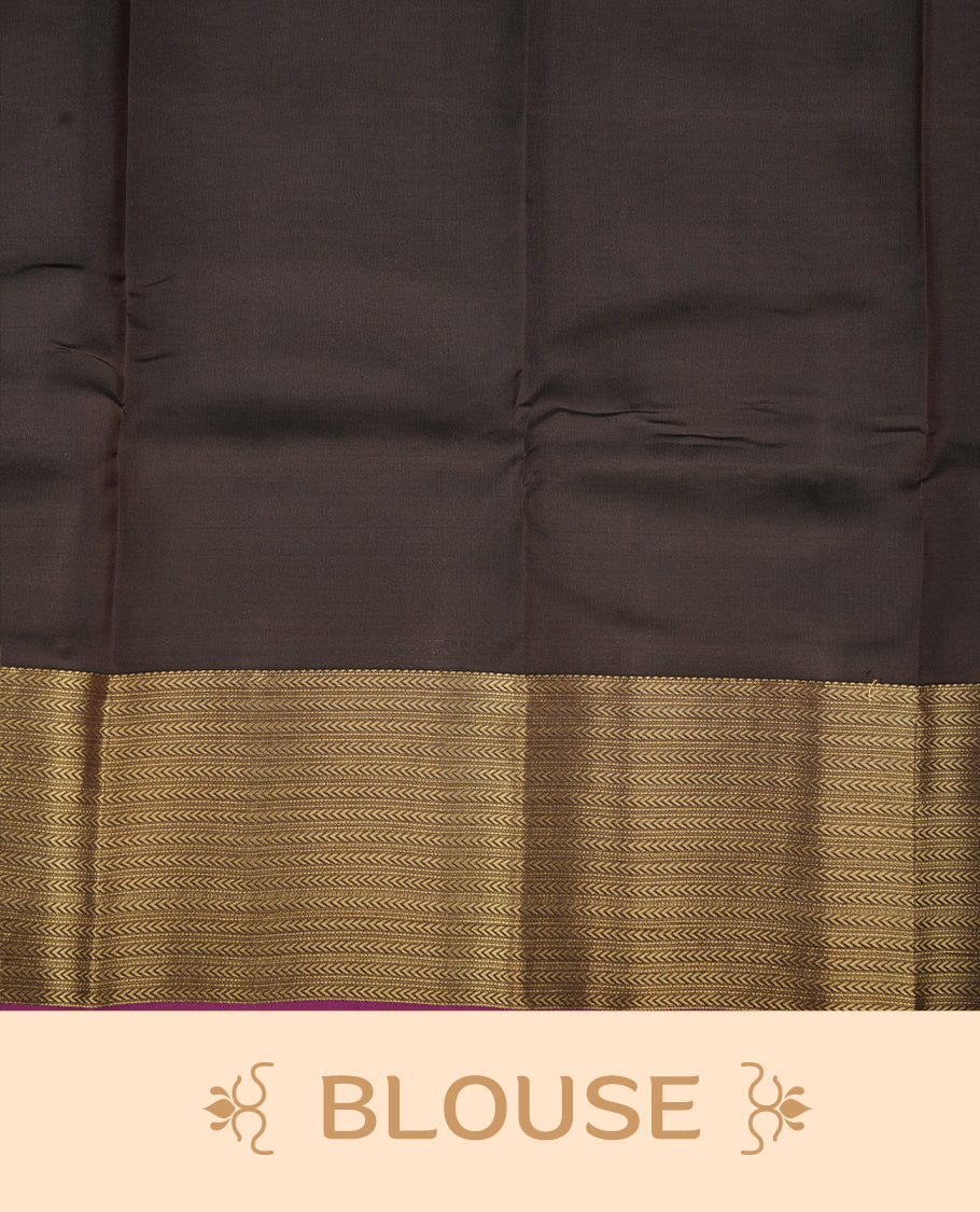 Green colour soft silk saree featuring gold zari motifs on the body, complemented by a contrast Magenta traditional zari floral kodi border and pallu, paired with a matching blouse piece.