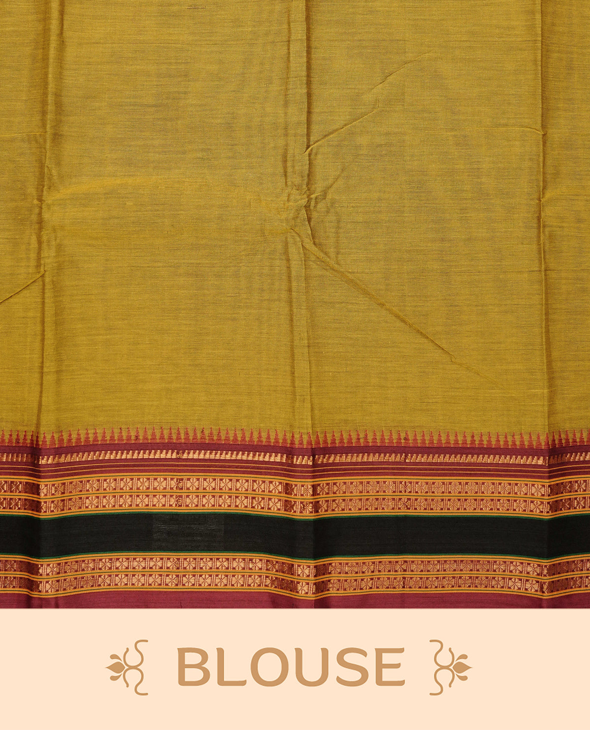 Olive Yellow colour Narayanapattu cotton saree with a plain body, complemented by a maroon colour with gold zari border & contrast pallu, paired with a matching blouse piece.